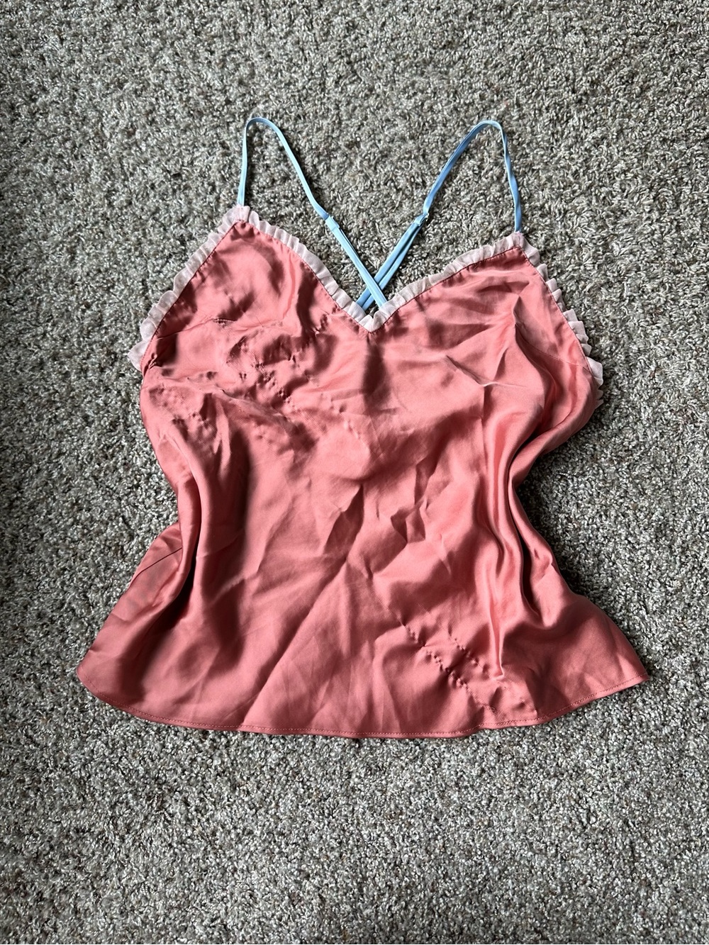 Vintage Victoria's Secret Coral Pink Satin Cami with Light Blue Straps
